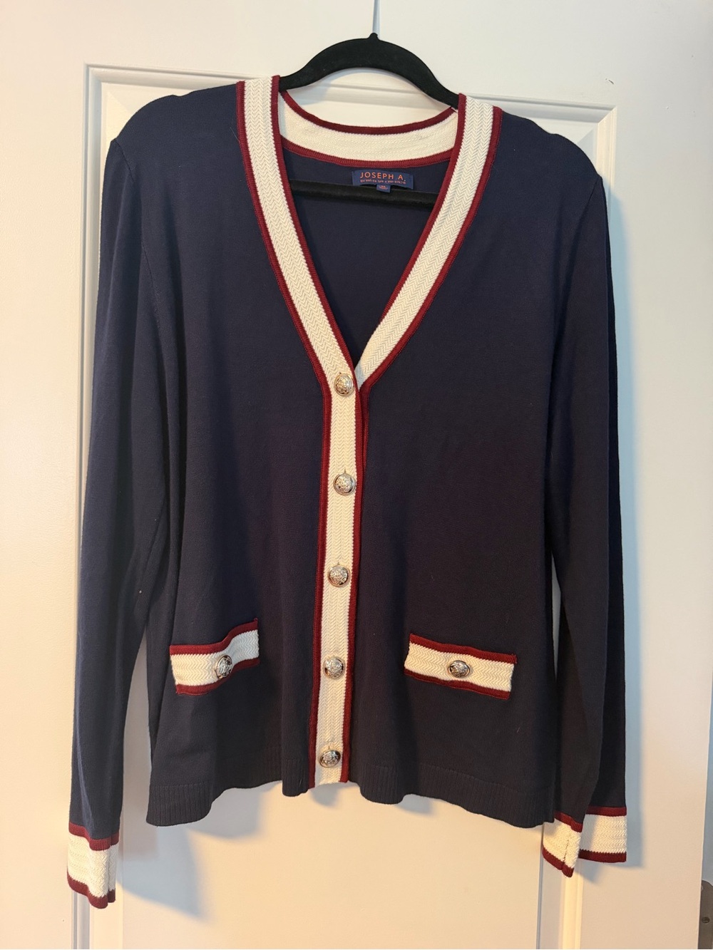 Joseph Navy Cardigan with Cream and Red Trim